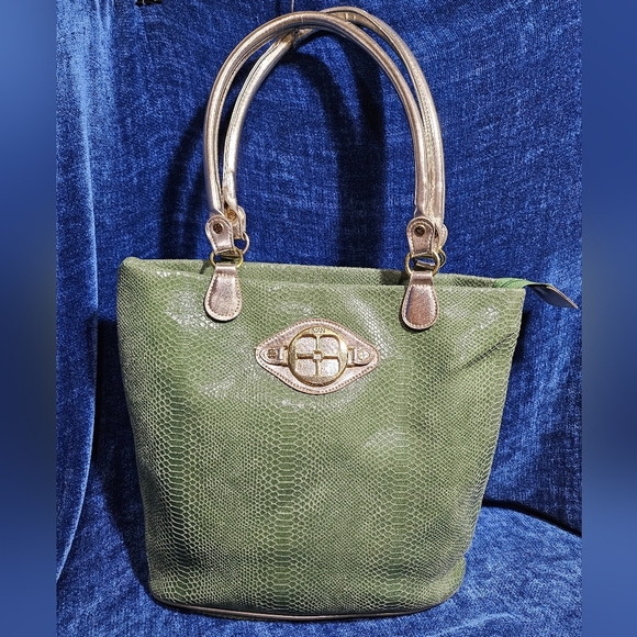 IMAN Handbags - IMAN Green Snake Print Gold Hardware Tote Purse Bag